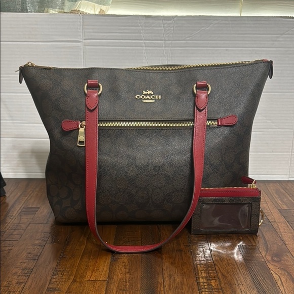 Coach Brown and Red Gallery Tote Bag brown with red handles and accents. - Picture 5 of 16